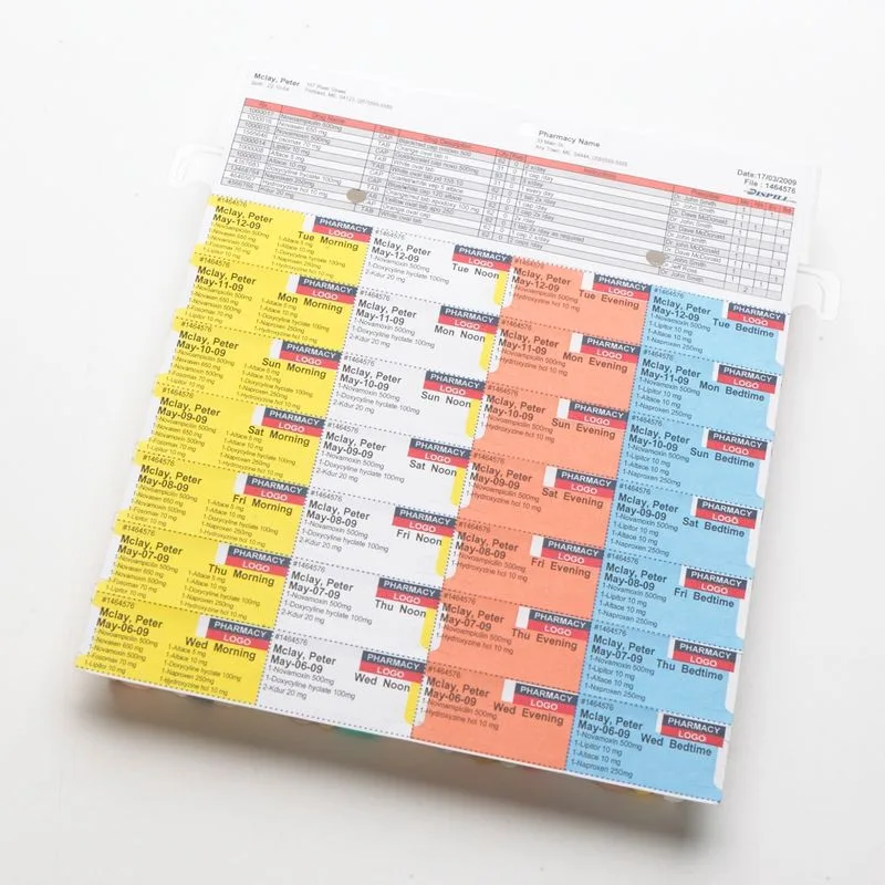 A Dispill multi-dose pill pack with color-coded blister cells for morning, noon, evening, and bedtime doses across a week