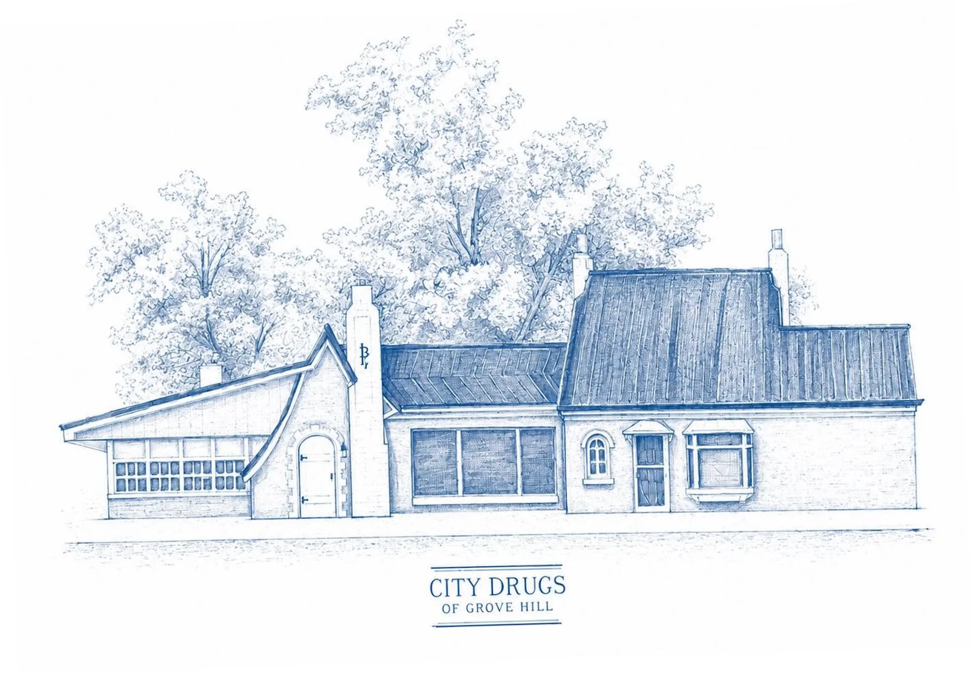 Blueprint-style illustration of the City Drugs of Grove Hill building