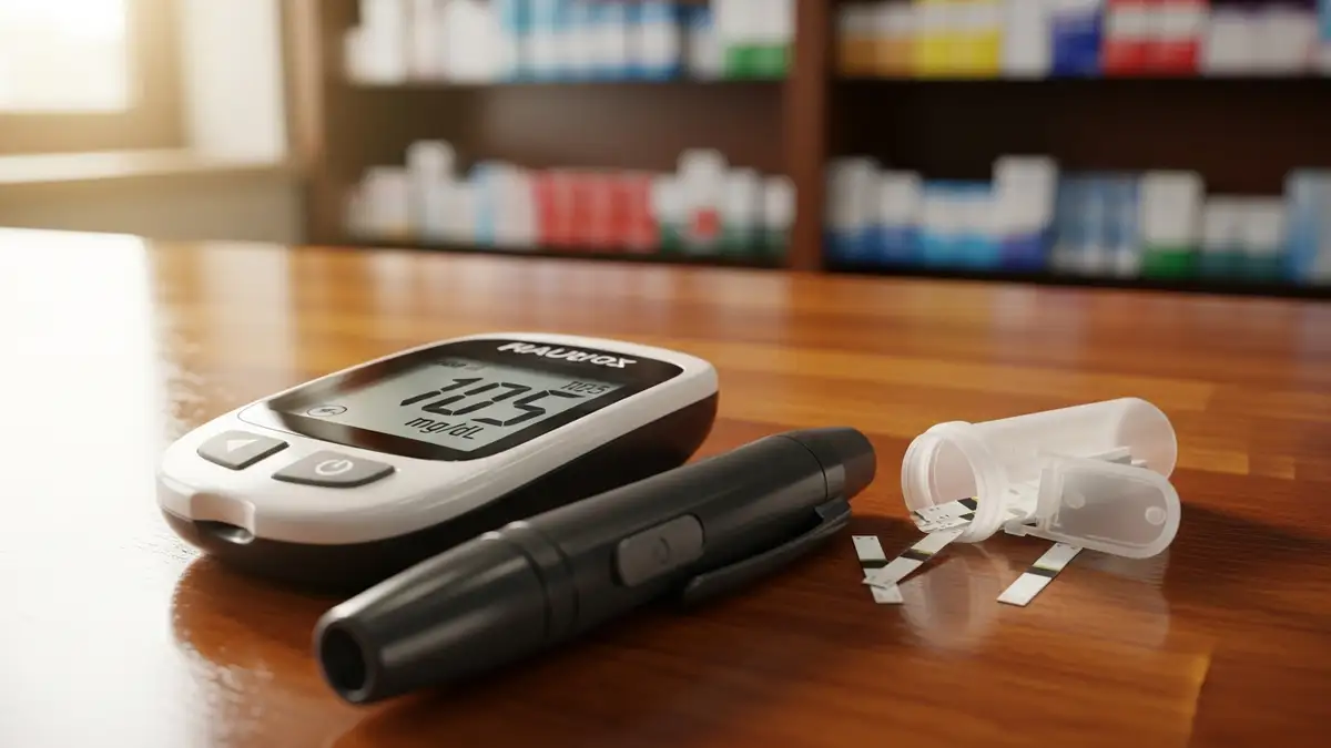 Glucose meter, lancet pen, and test strips arranged on the pharmacy counter