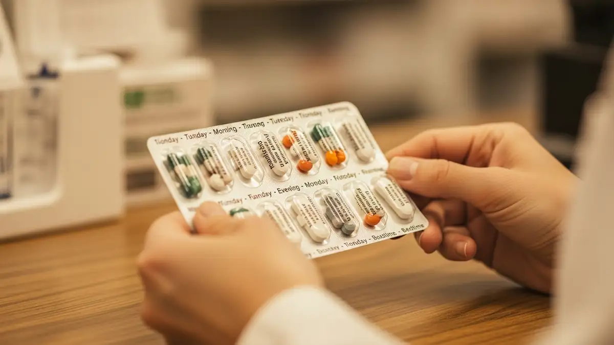 Hands holding a multi-dose blister card with pills organized by date and time