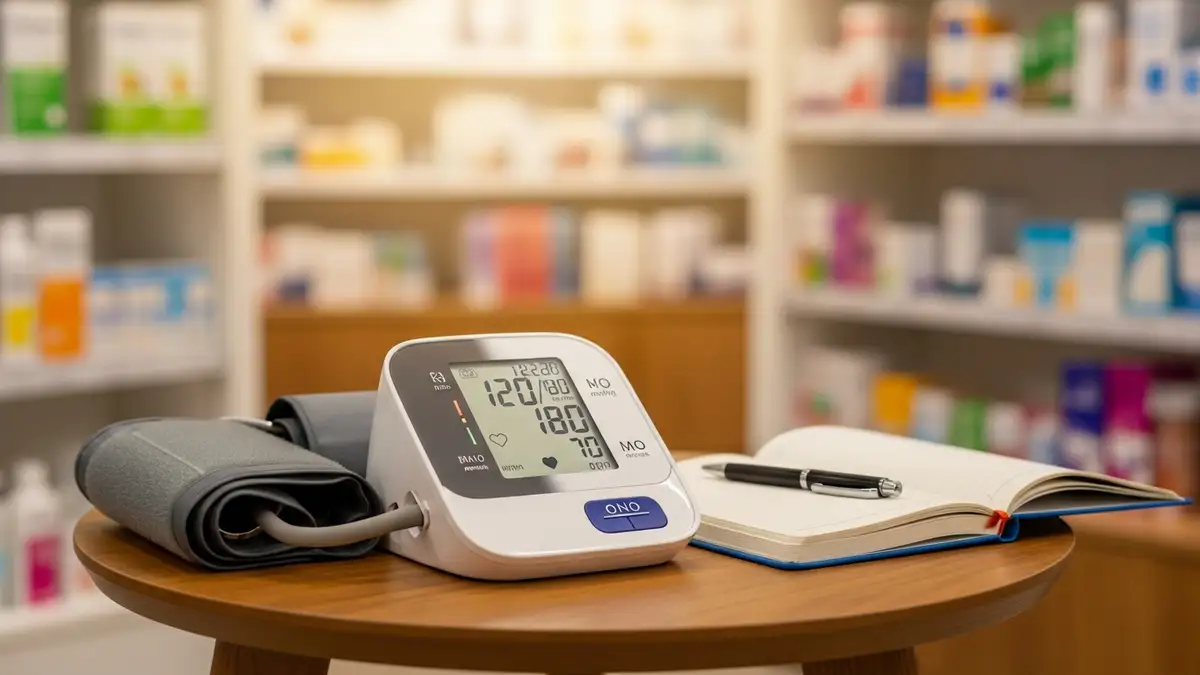 Blood pressure monitor with cuff and a notebook on a consultation table at the pharmacy