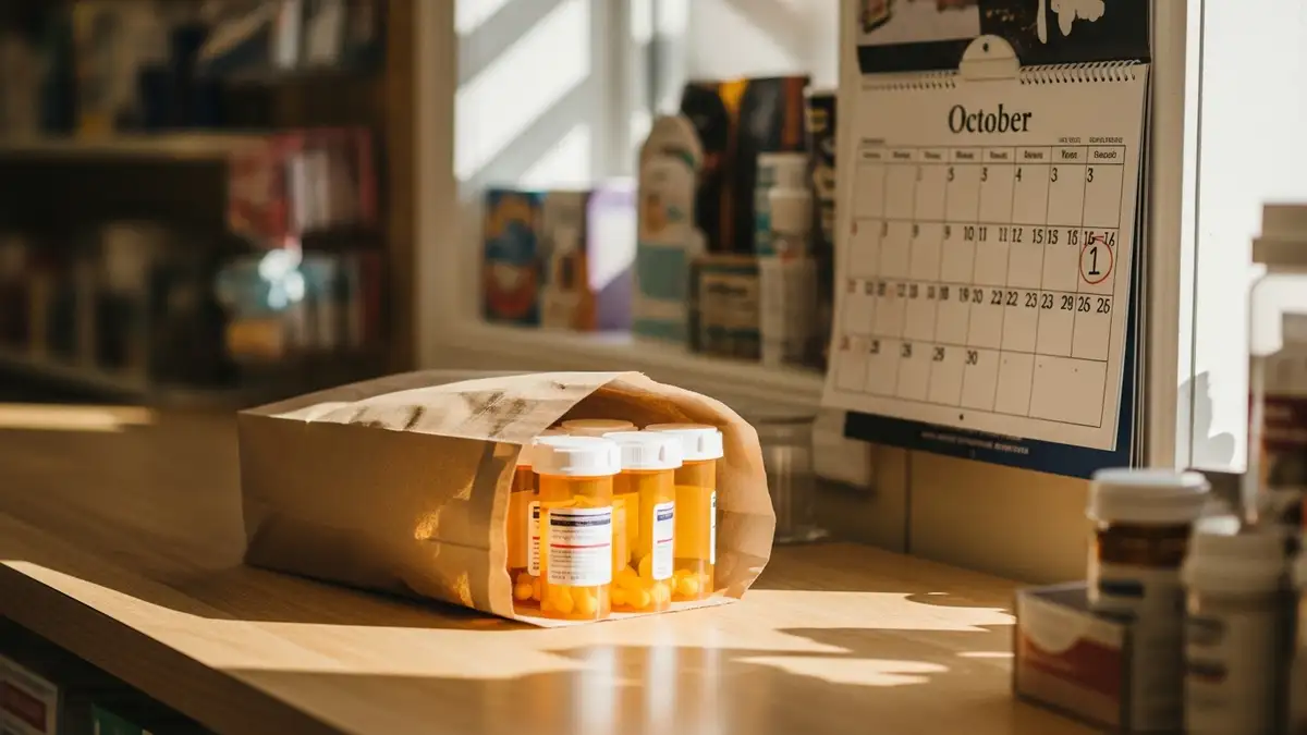 Prescription bottles gathered in a single bag on the pharmacy counter beside a calendar