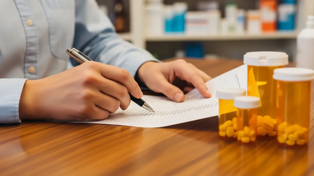 Hands reviewing a printed medication list beside prescription bottles on the counter