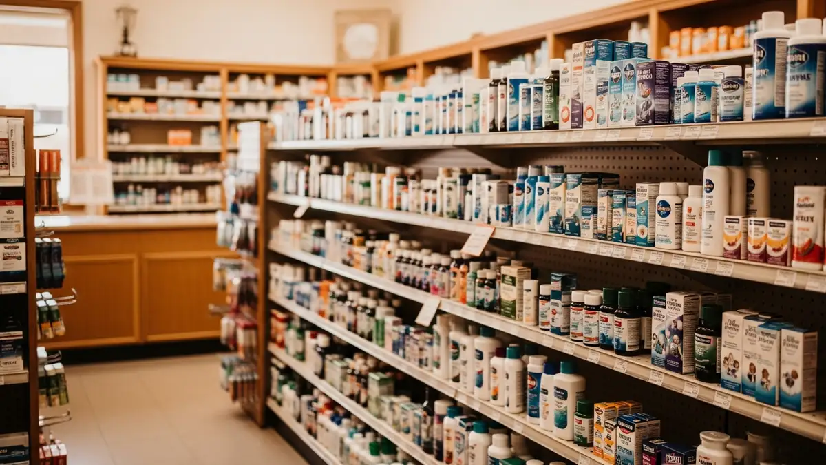 Tidy over-the-counter shelves in the drugstore aisle at a community pharmacy