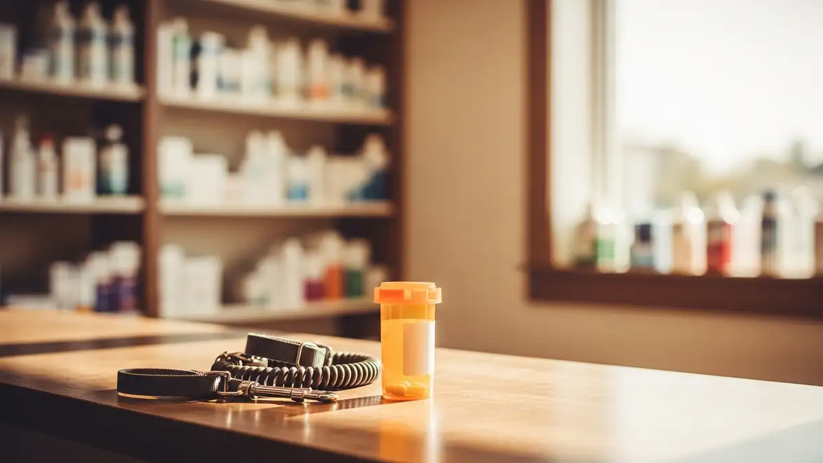 Prescription bottle beside a dog leash and collar on the pharmacy counter