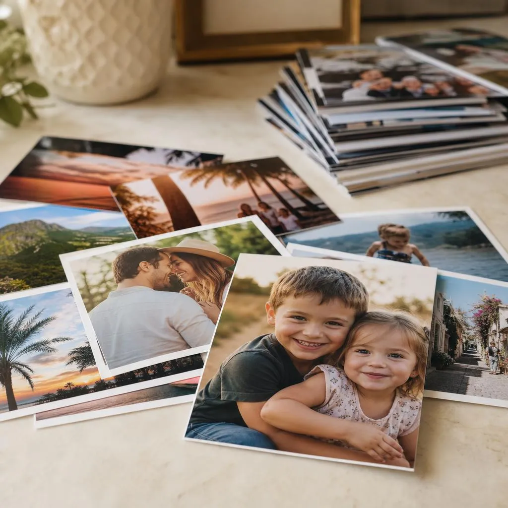 Freshly printed glossy photos of family moments and vacations spread on a counter