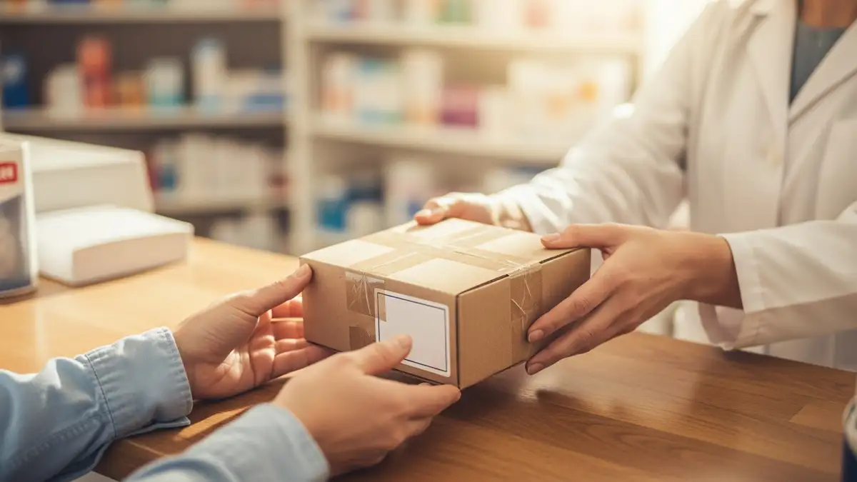 A labeled shipping box being handed across the store counter